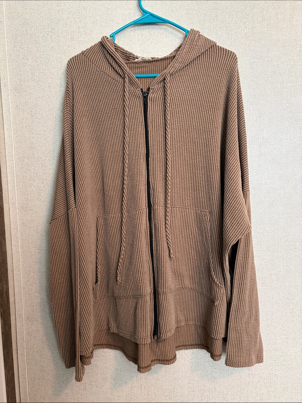 Ribbed Hooded Zip Jacket - Brown